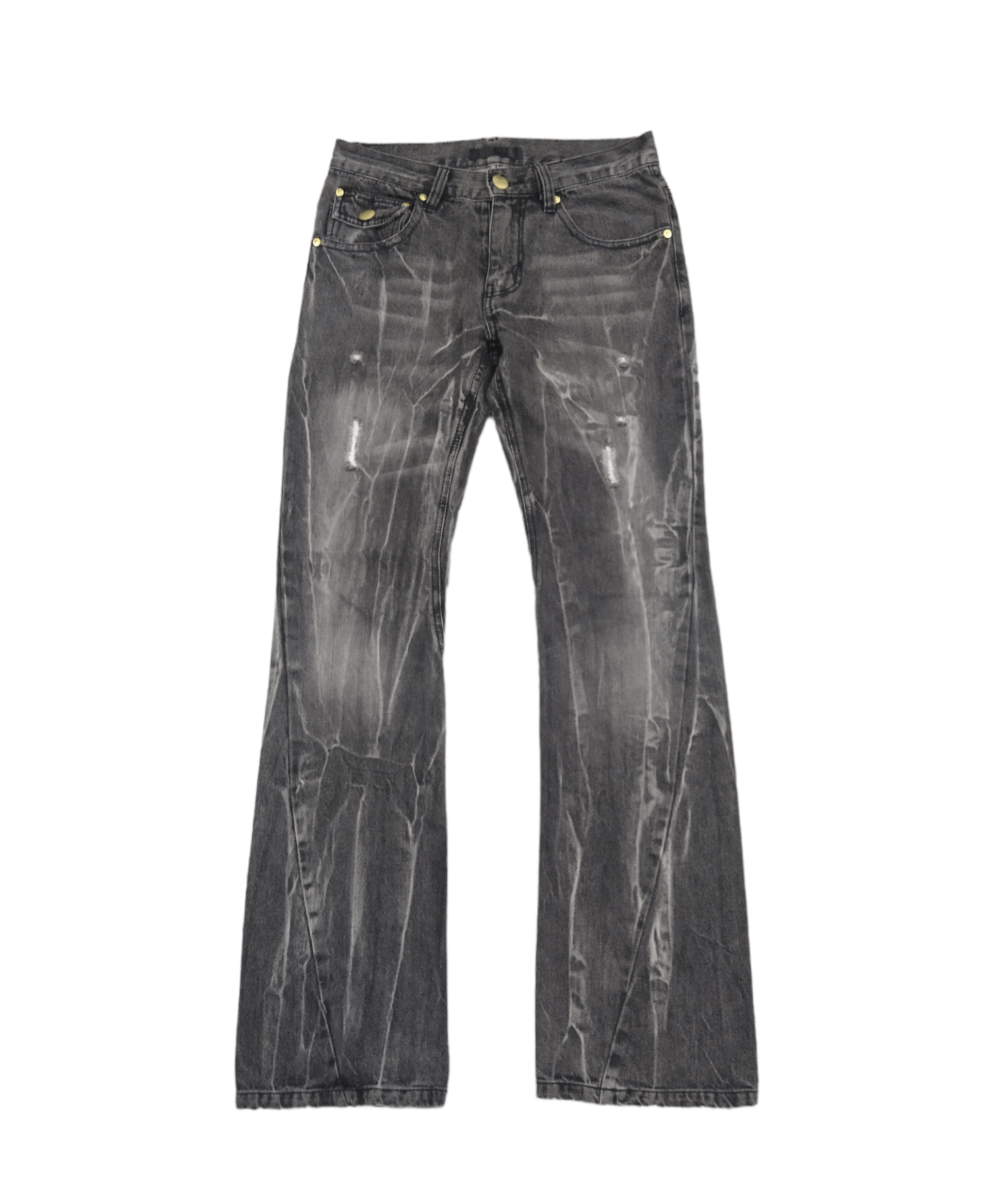 image of Distressed Denim x Hype Flare Twistsuper Sick Black Baccara Denim Pants in Black Grey Washed (Size 