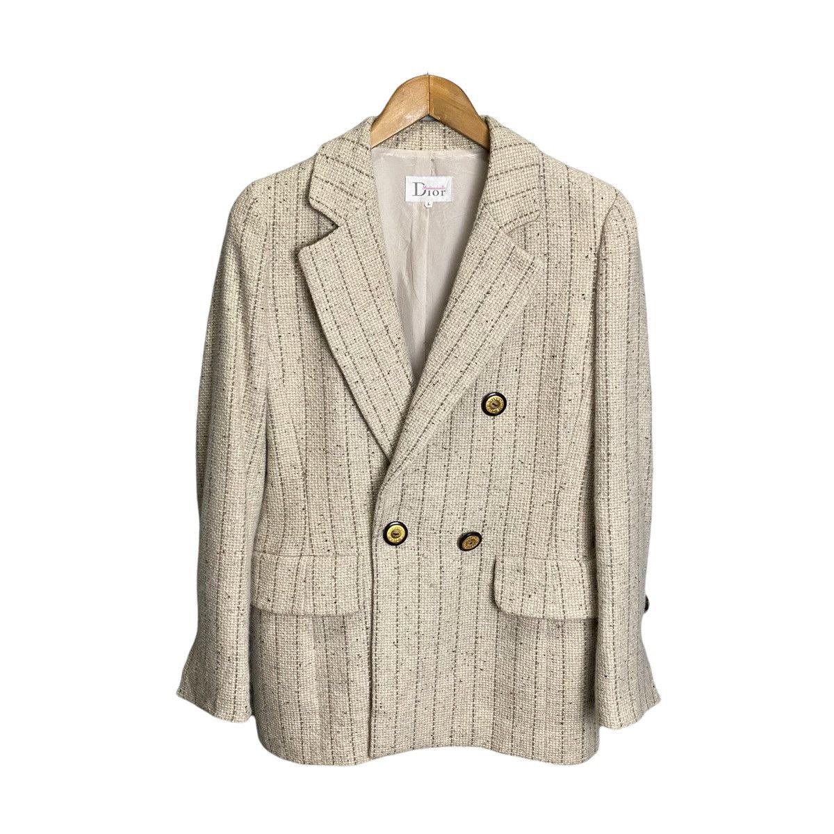 image of Christian Dior Monsieur x Dior Mademoiselle Double Breasted Wool Blazer Jacket in Stripped Khaki, W