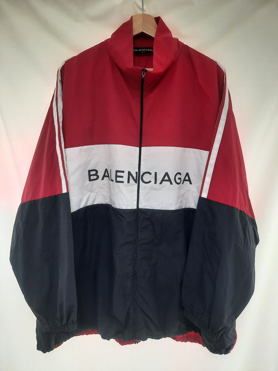 image of Balenciaga Colorblock Windbreaker Logo Track Striped Jacket in Black Red White, Men's (Size Medium)
