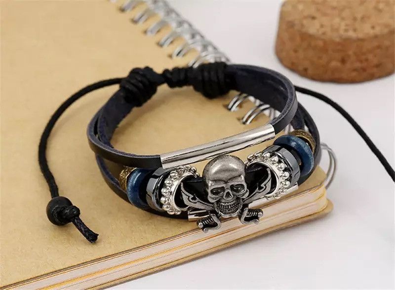 Jewelry Skull Beaded Charms Leather Gothic Rock Ghost Bracelet Size ONE SIZE - 2 Thumbnail