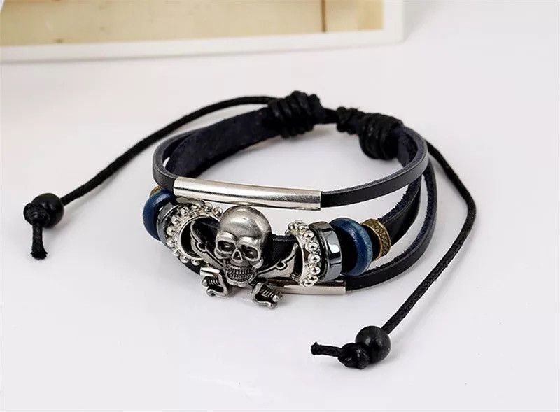 Jewelry Skull Beaded Charms Leather Gothic Rock Ghost Bracelet Size ONE SIZE - 1 Thumbnail