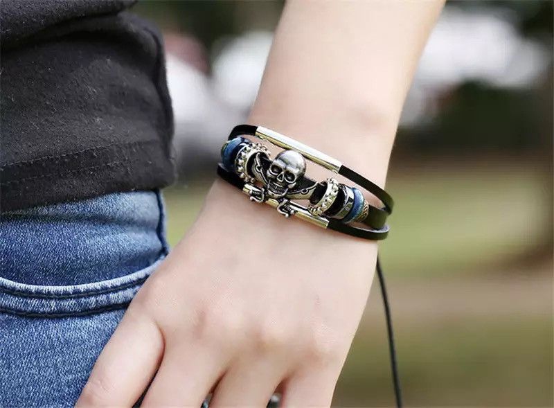 Jewelry Skull Beaded Charms Leather Gothic Rock Ghost Bracelet Size ONE SIZE - 3 Thumbnail
