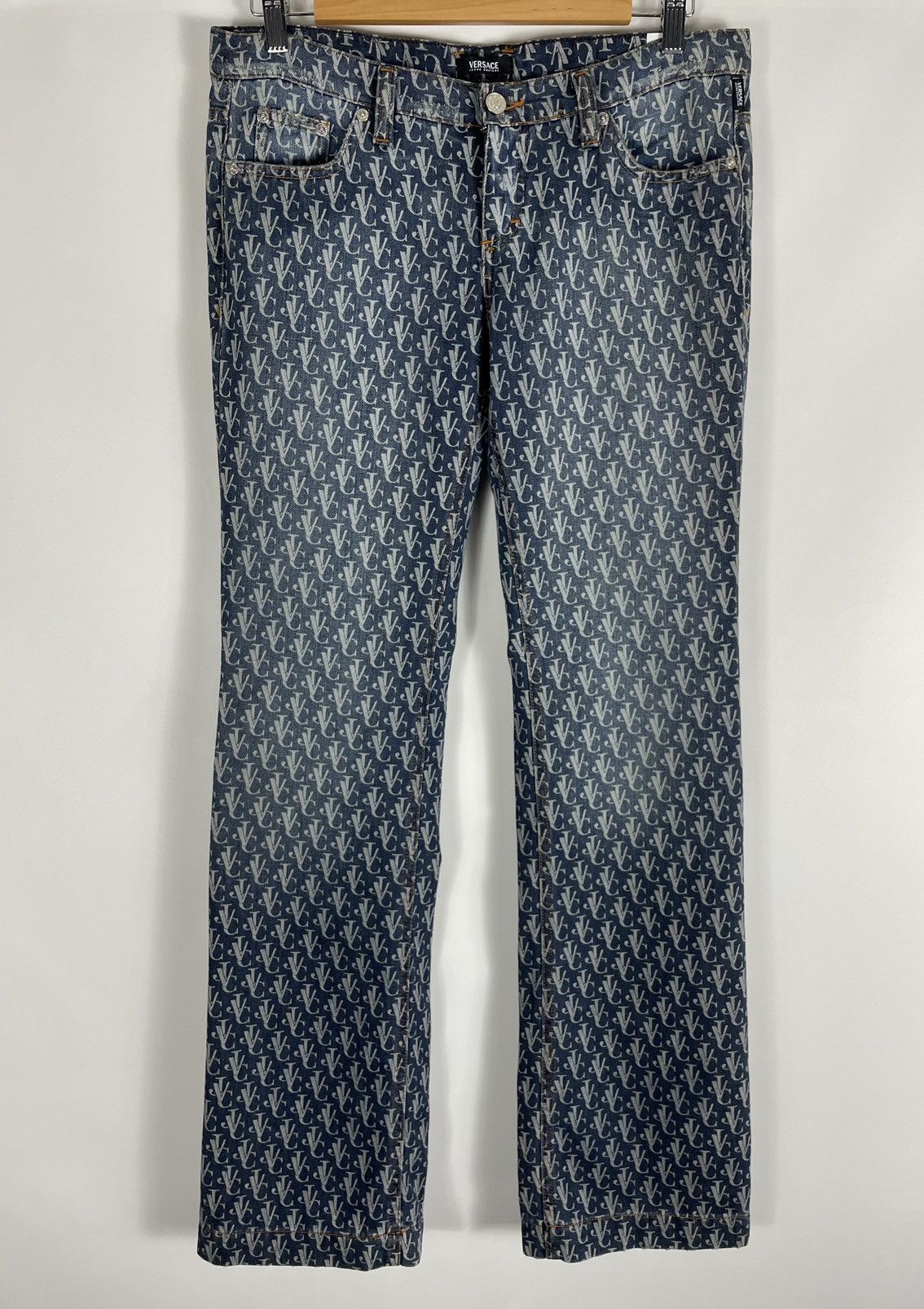 image of Versace All Over Print Monogram Jacquard Denim Pants in Blue, Men's (Size 30)