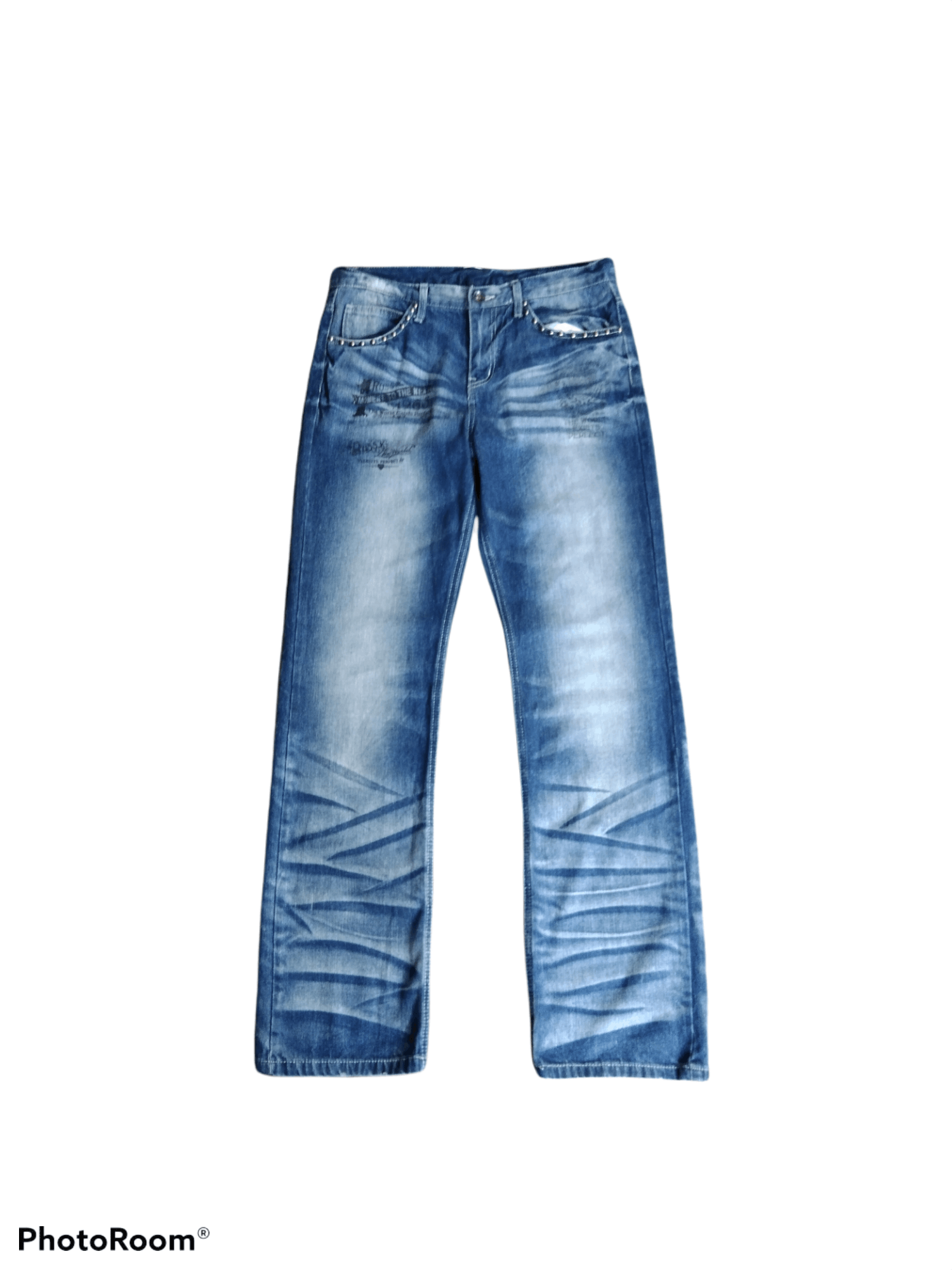image of Distressed Denim x Hysteric Glamour Washed Blue Studded Russ-K Denim Pants in Blue Distressed (Size