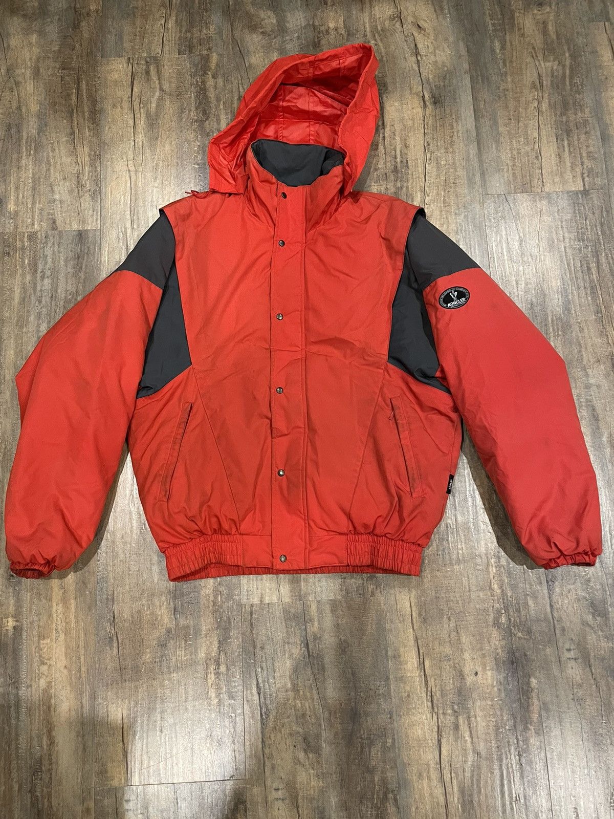 Image of Vintage Moncler Grenoble Red Down Puffer Jacket Logo Asics, Men's (Size Small)