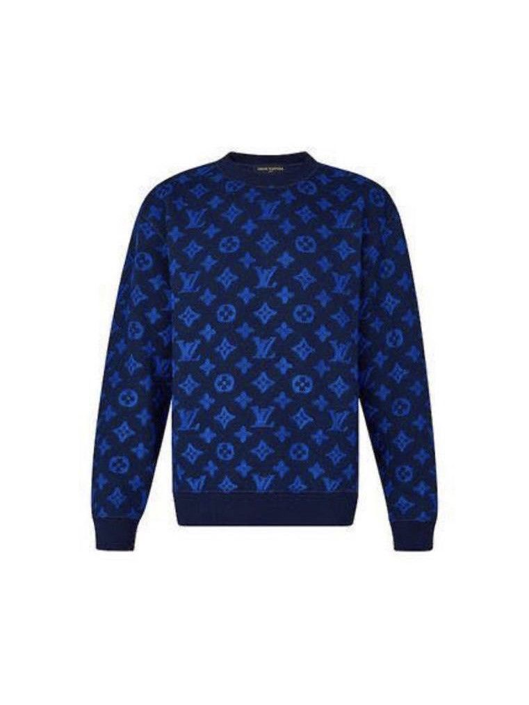 Louis Vuitton Distressed Flock Crewneck Monogram Sweater Mens XL Navy Blue