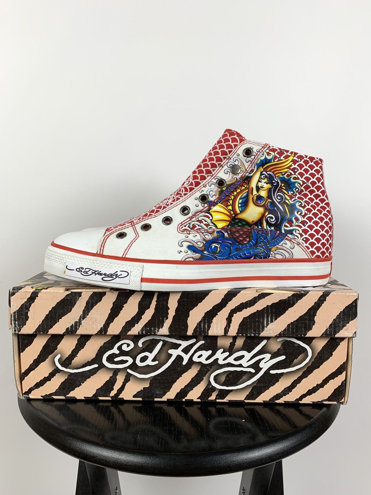 Christian Audigier NEW! Vintage Ed Hardy Hi Top Sneakers Rare Fish Mermaid Y2K Size US 8.5 / EU 41-42 - 1 Thumbnail