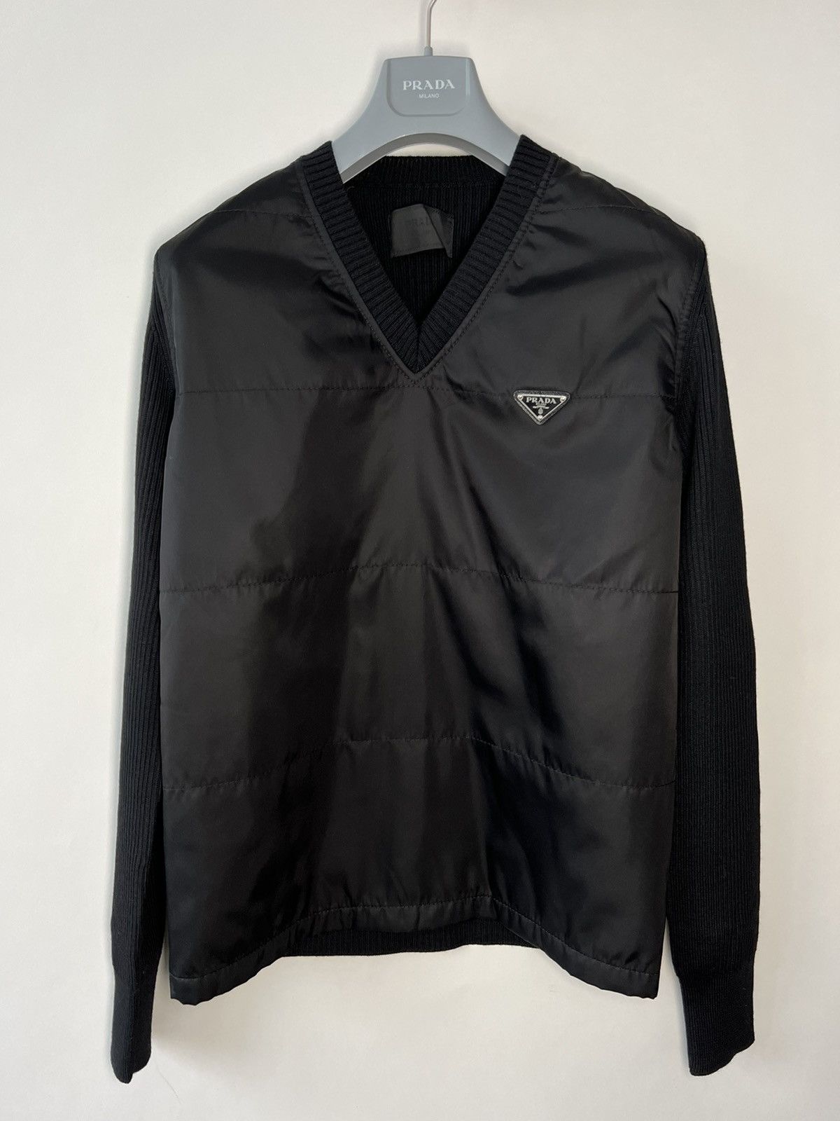 image of $1.7K ValuePrada Nylon Knit Sweater With Triangle Logo in Black, Men's (Size Large)