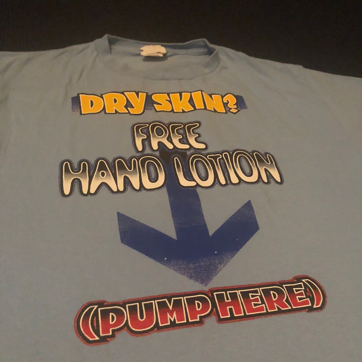 Pre-owned Humor X Vintage 2000s Dry Skin Free Hand Lotion Pump Here Parody Tee In Light Blue