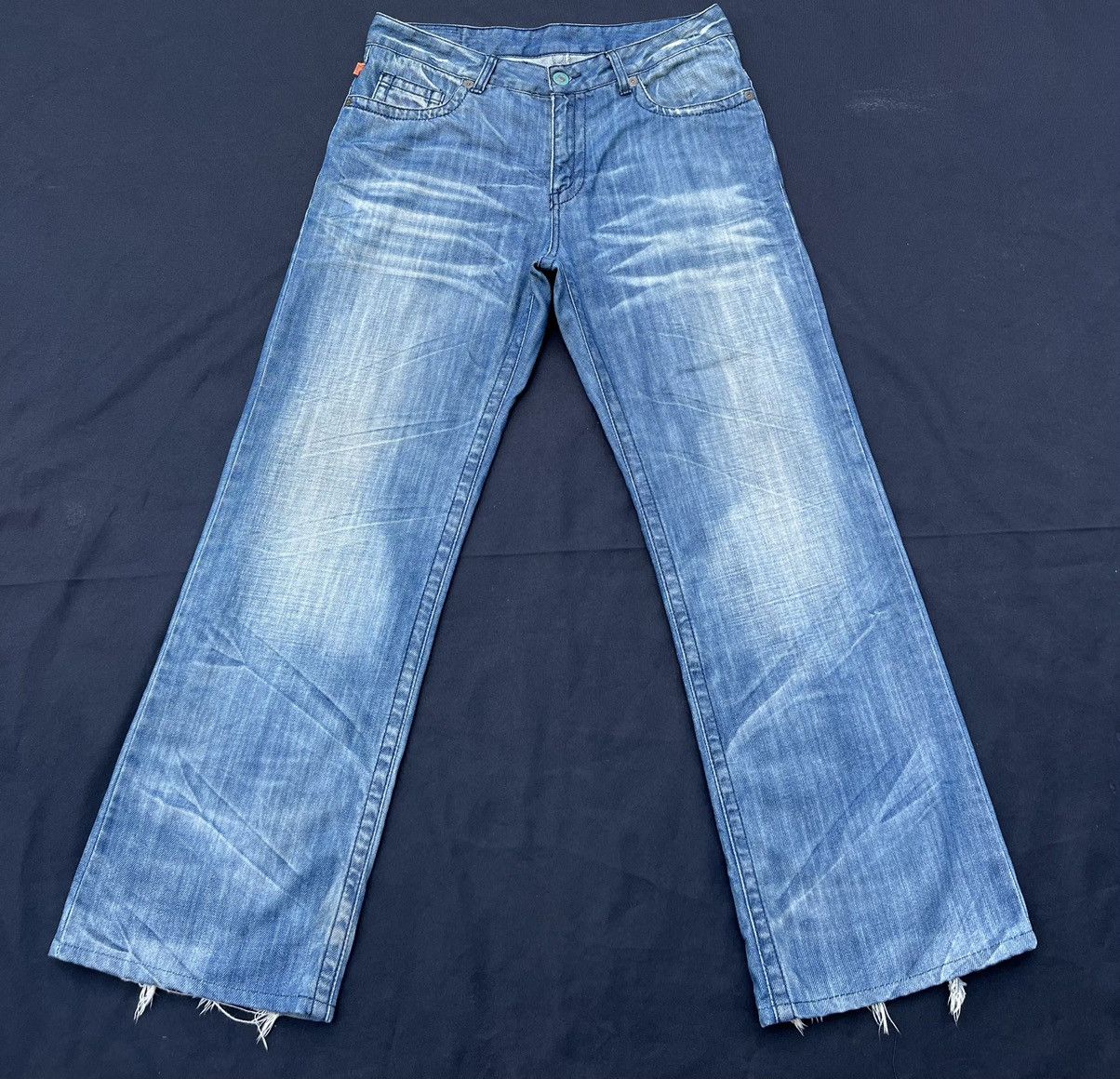 Robin's Jeans Distress Fade Blue Denim Wide Leg Jeans