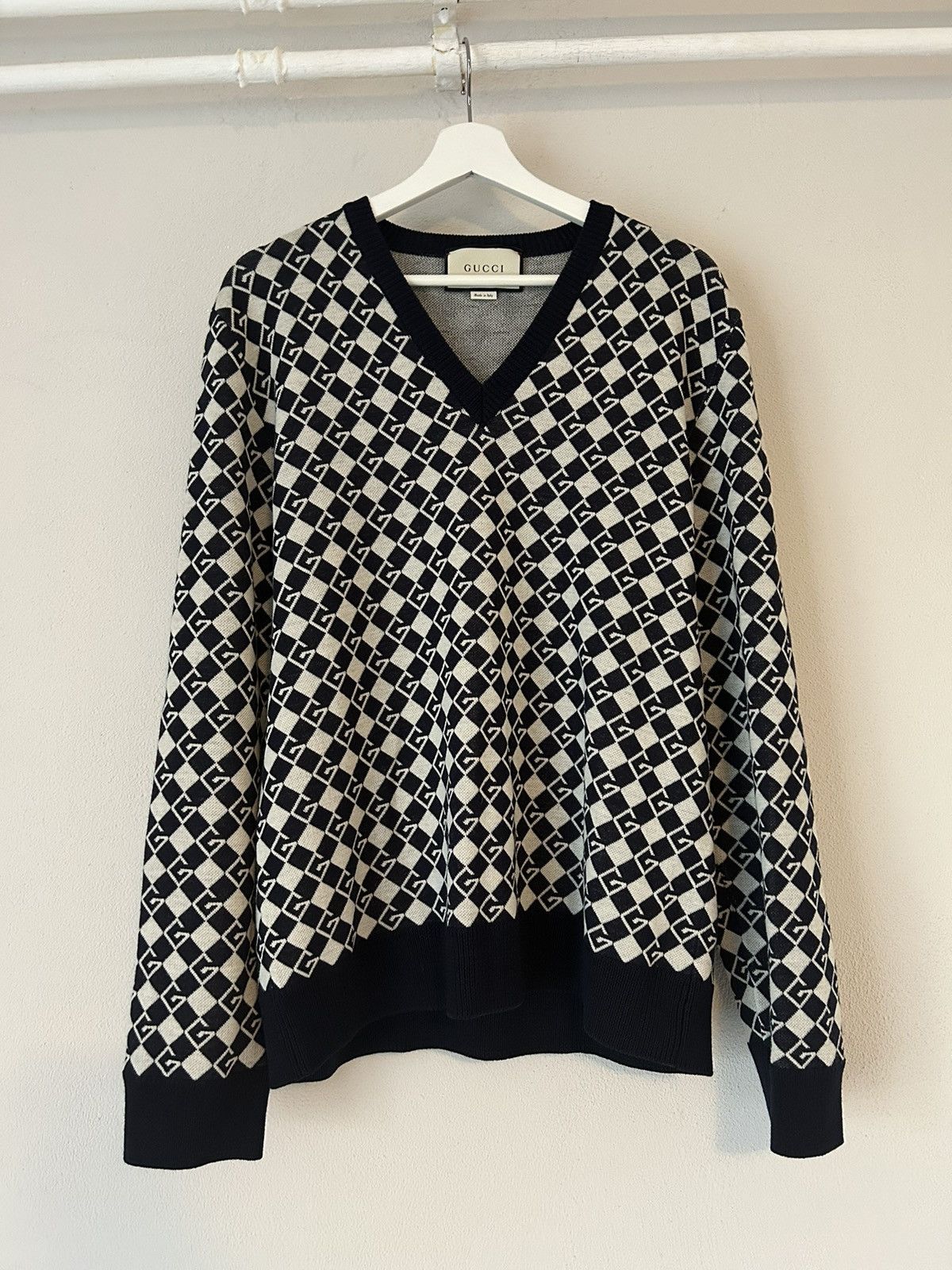 Wool GG Checkered Pattern V-Neck Sweater