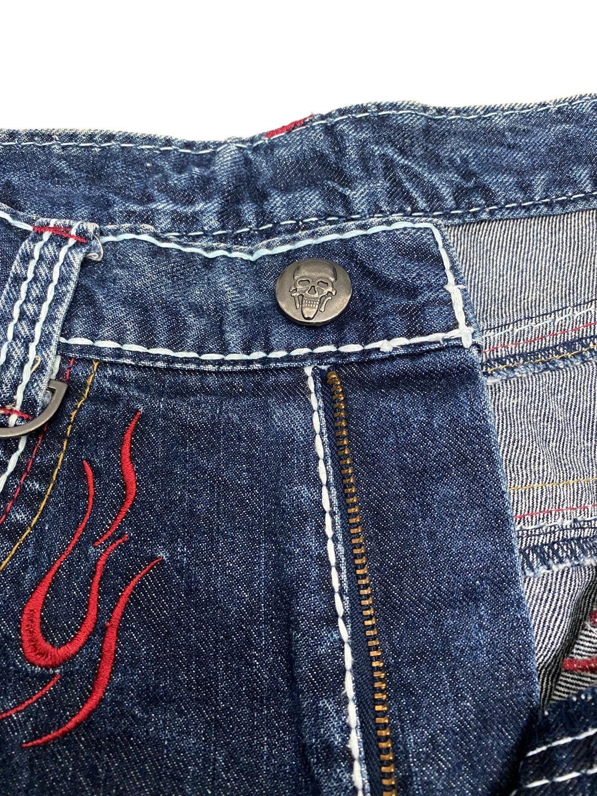 Japanese Brand × Vintage 🔥Flame Skull Embroidered Double Waist Jeans Size US 33 - 7 Thumbnail