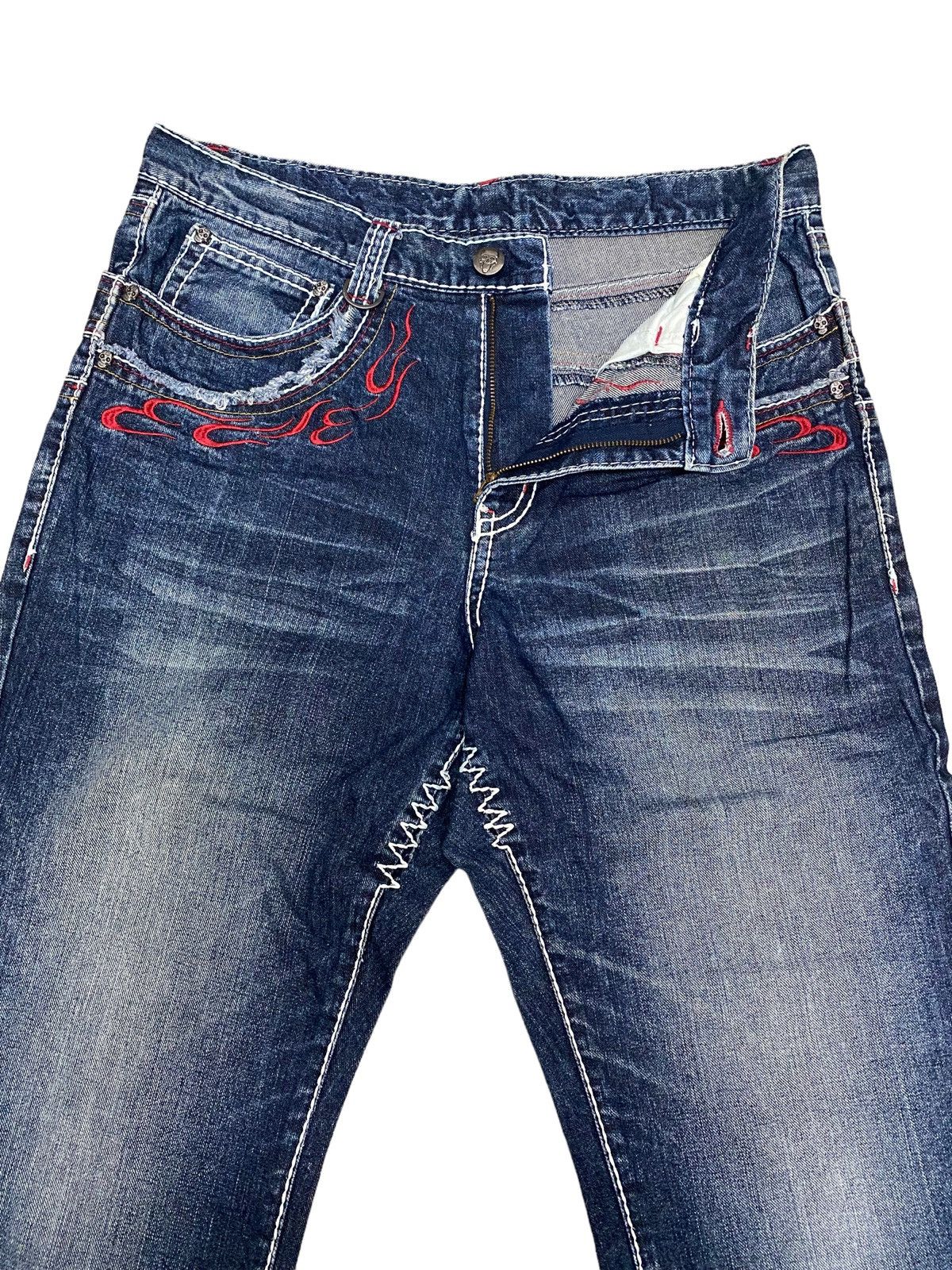 Japanese Brand × Vintage 🔥Flame Skull Embroidered Double Waist Jeans Size US 33 - 3 Thumbnail