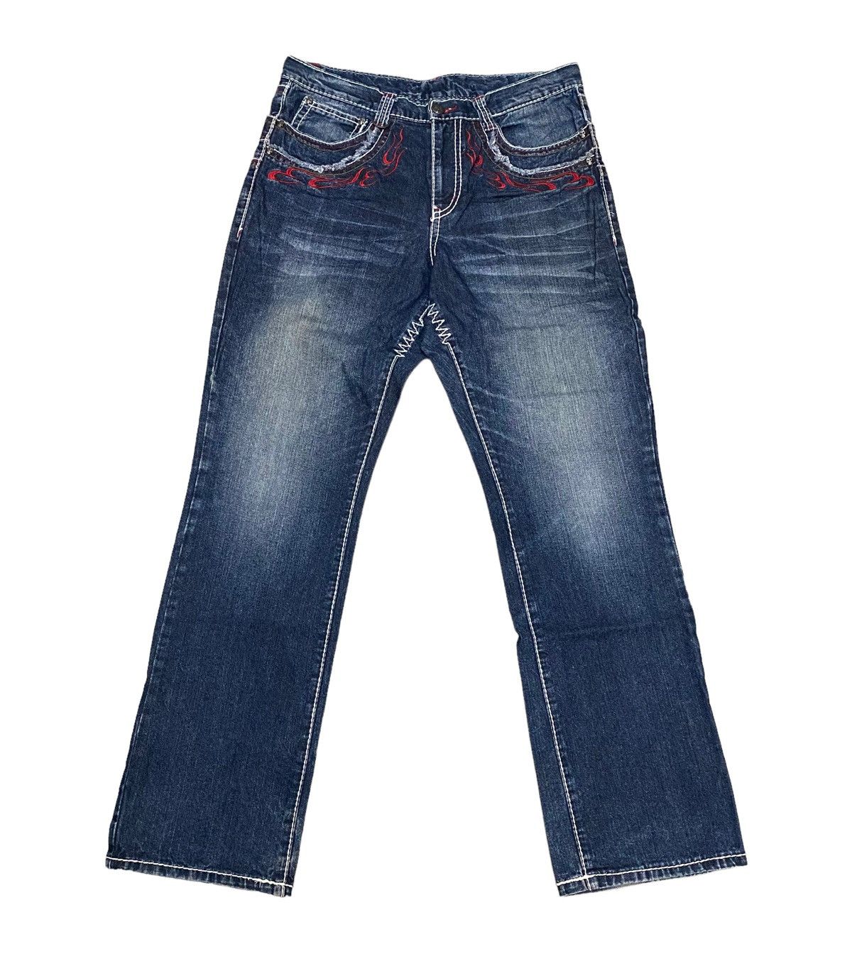 Japanese Brand × Vintage 🔥Flame Skull Embroidered Double Waist Jeans Size US 33 - 2 Thumbnail