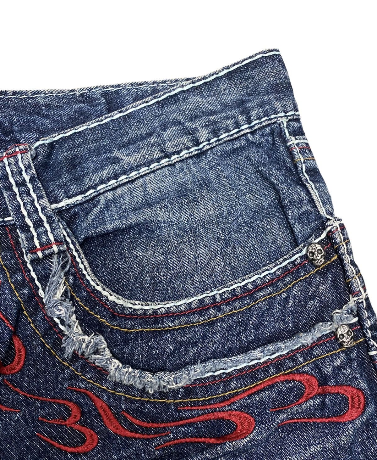 Japanese Brand × Vintage 🔥Flame Skull Embroidered Double Waist Jeans Size US 33 - 6 Thumbnail