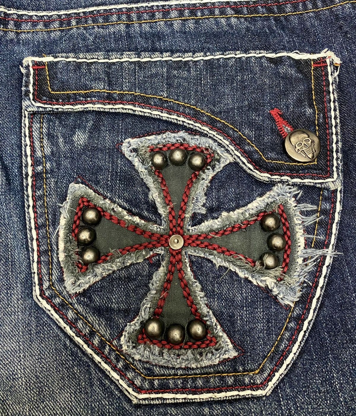 Japanese Brand × Vintage 🔥Flame Skull Embroidered Double Waist Jeans Size US 33 - 9 Thumbnail