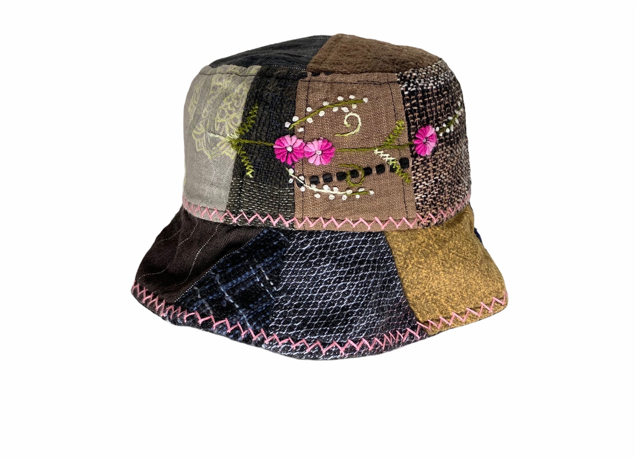 Designer × Japanese Brand Sashiko boro pattern flower embroidered hat Size 26 - 1 Thumbnail