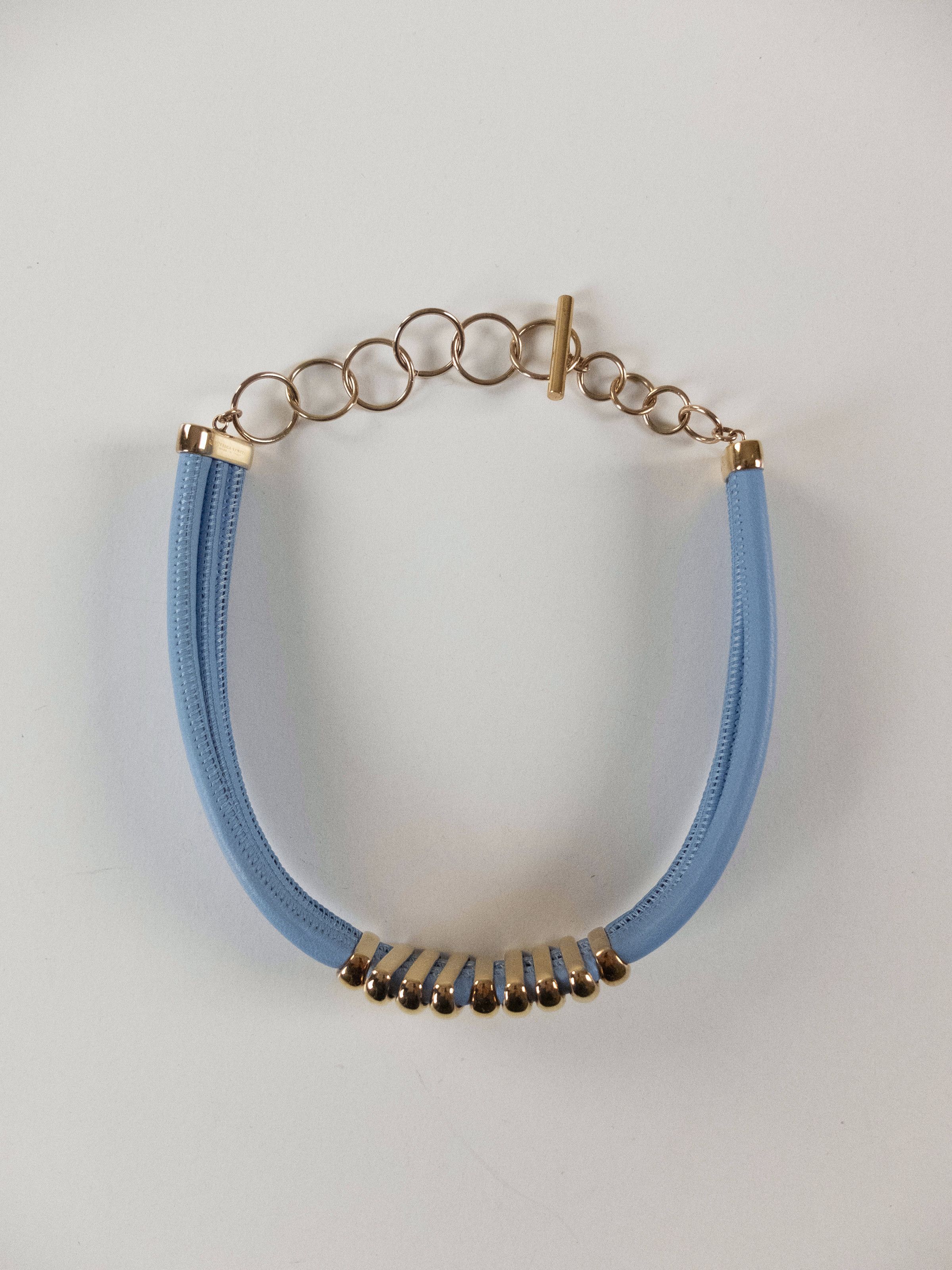 Bottega Veneta BOTTEGA VENETA blue lambskin leather & gold silver necklace Size ONE SIZE - 2 Thumbnail