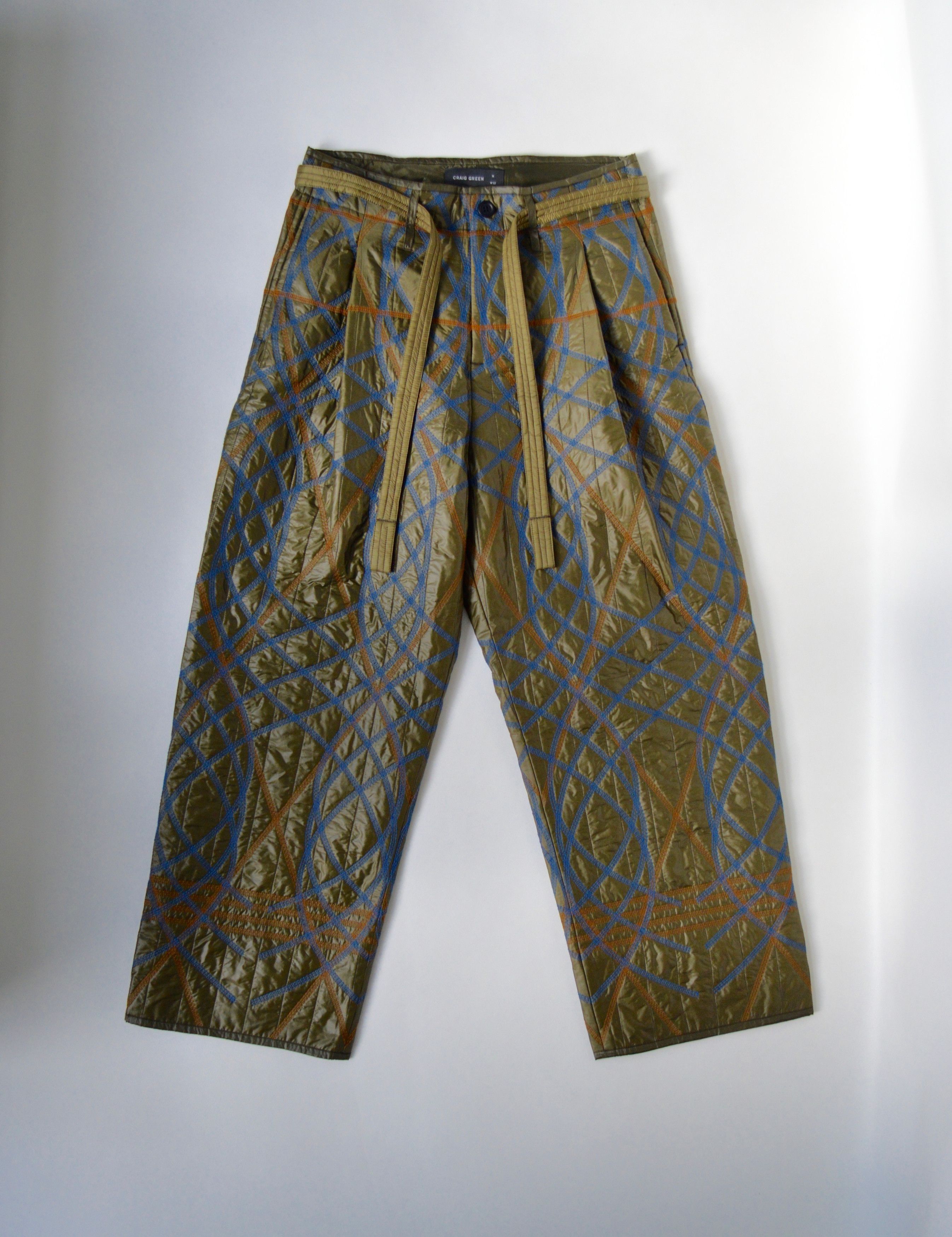 image of Craig Green Wide Leg Embroidered Nylon Trousers in Green, Men's (Size 30)