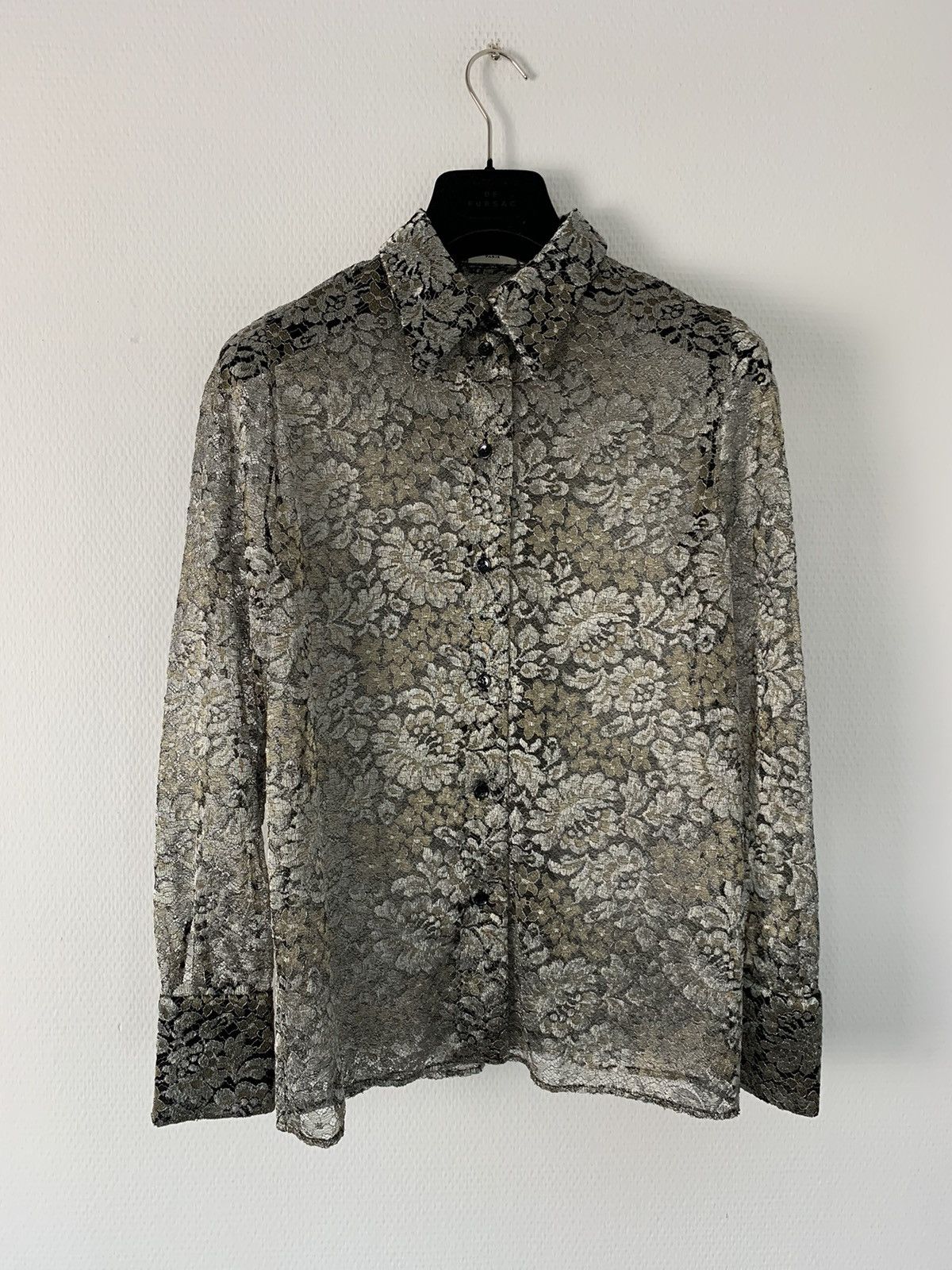 image of Saint Laurent Paris 1/1 Sample Fw16 Semi Sheer Metal Floral Shirt Grey Gold, Men's (Size Small)