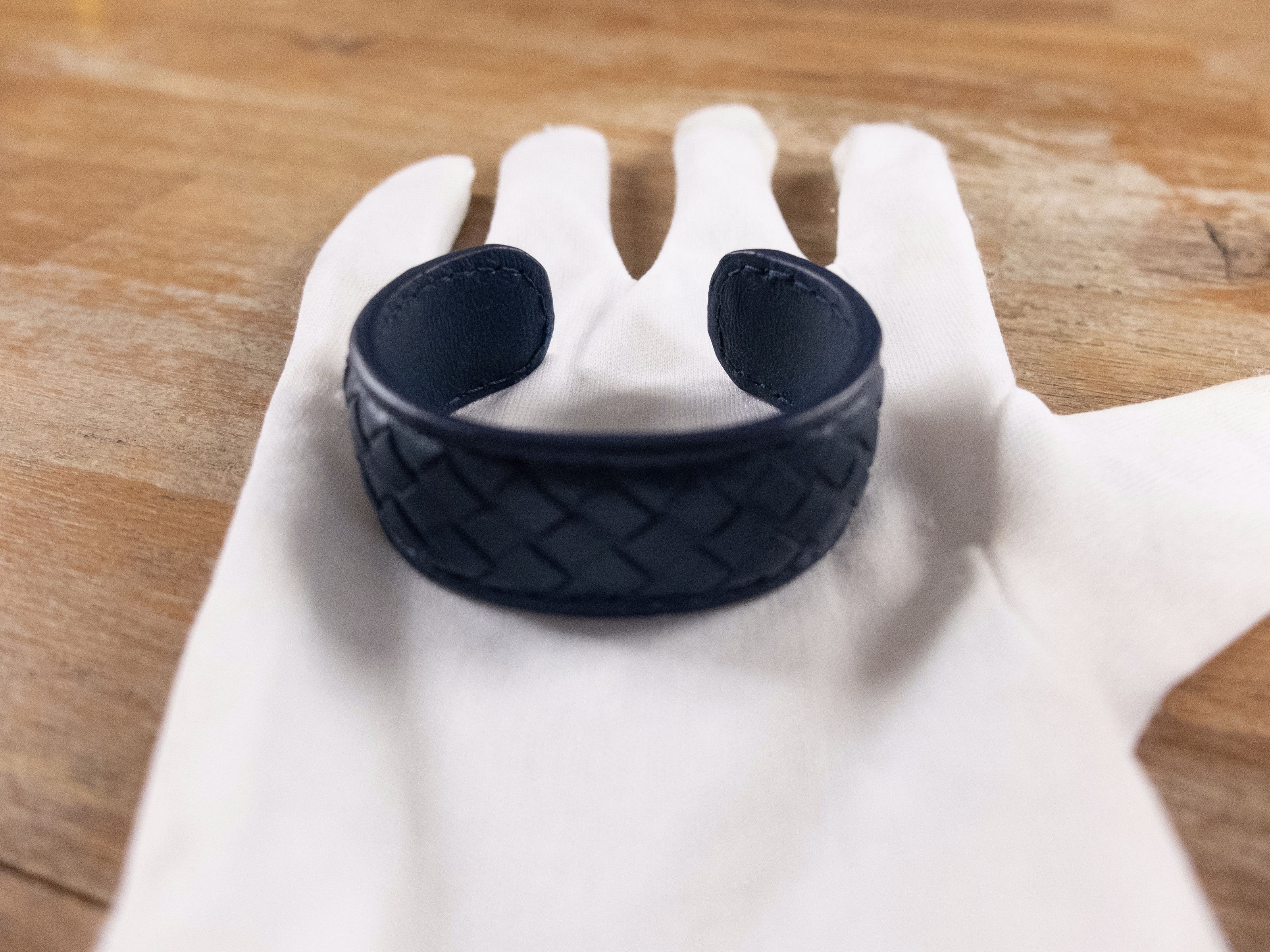 image of Bottega Veneta Blue Intrecciato Leather Woven Cuff Bracelet, Women's