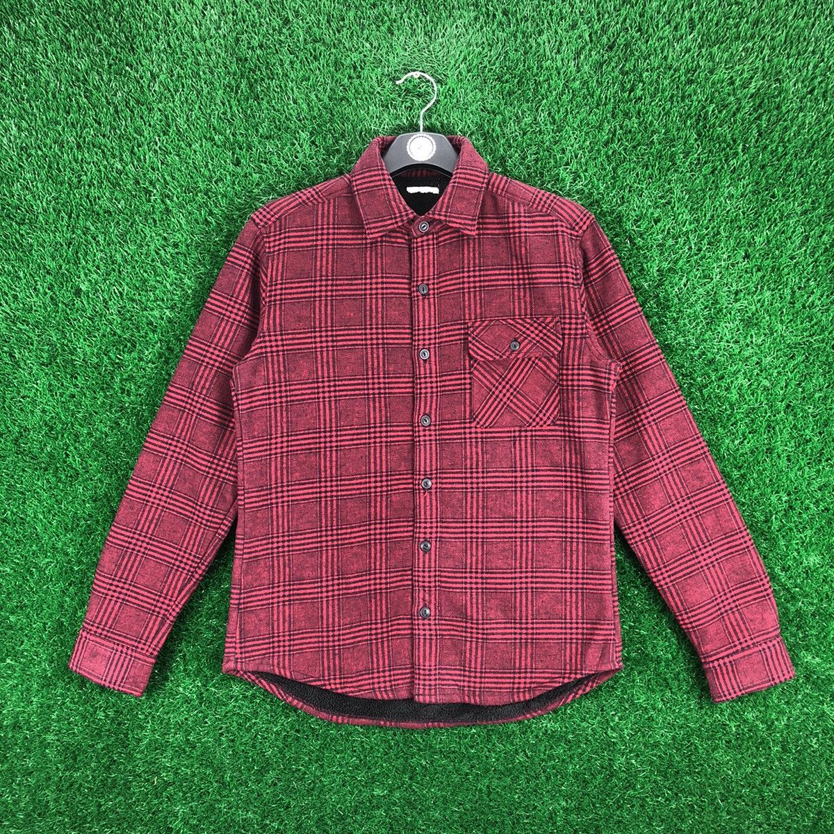 image of Flannel Single Pocket Sherpa Lining Cat Eye Button Up By Gu in Red Tartan, Men's (Size Small)
