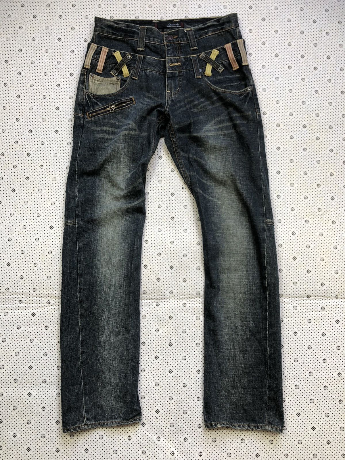 Image of Distressed Denim x Hysteric Glamour Dominate Handcrafted Double Waist Jeans in Dark Blue (Size 30)