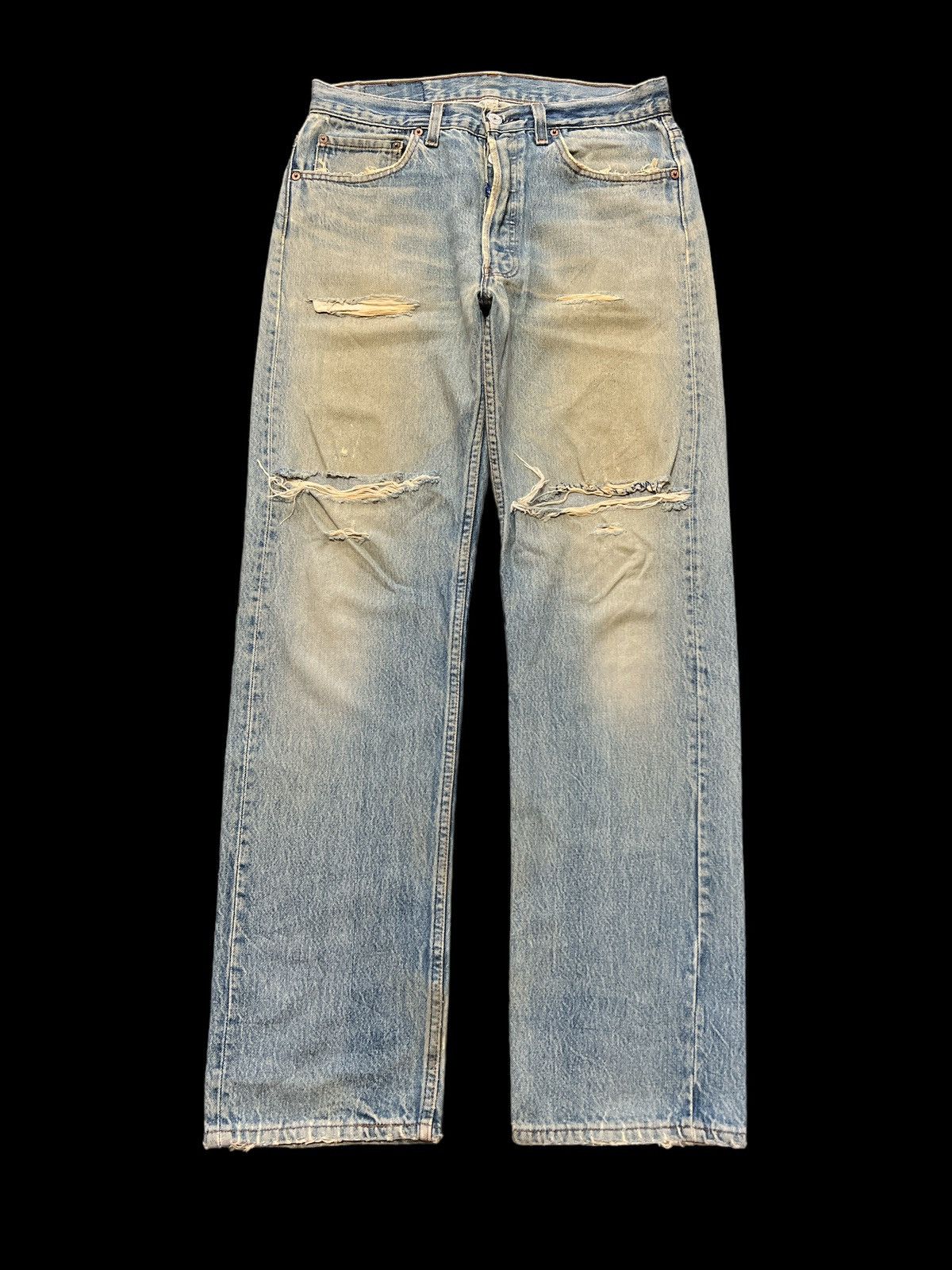 image of Kurt Cobain x Levis Thrashed Vintage Levis 501 Ripped Kurt Kobain in Blue, Men's (Size 30)