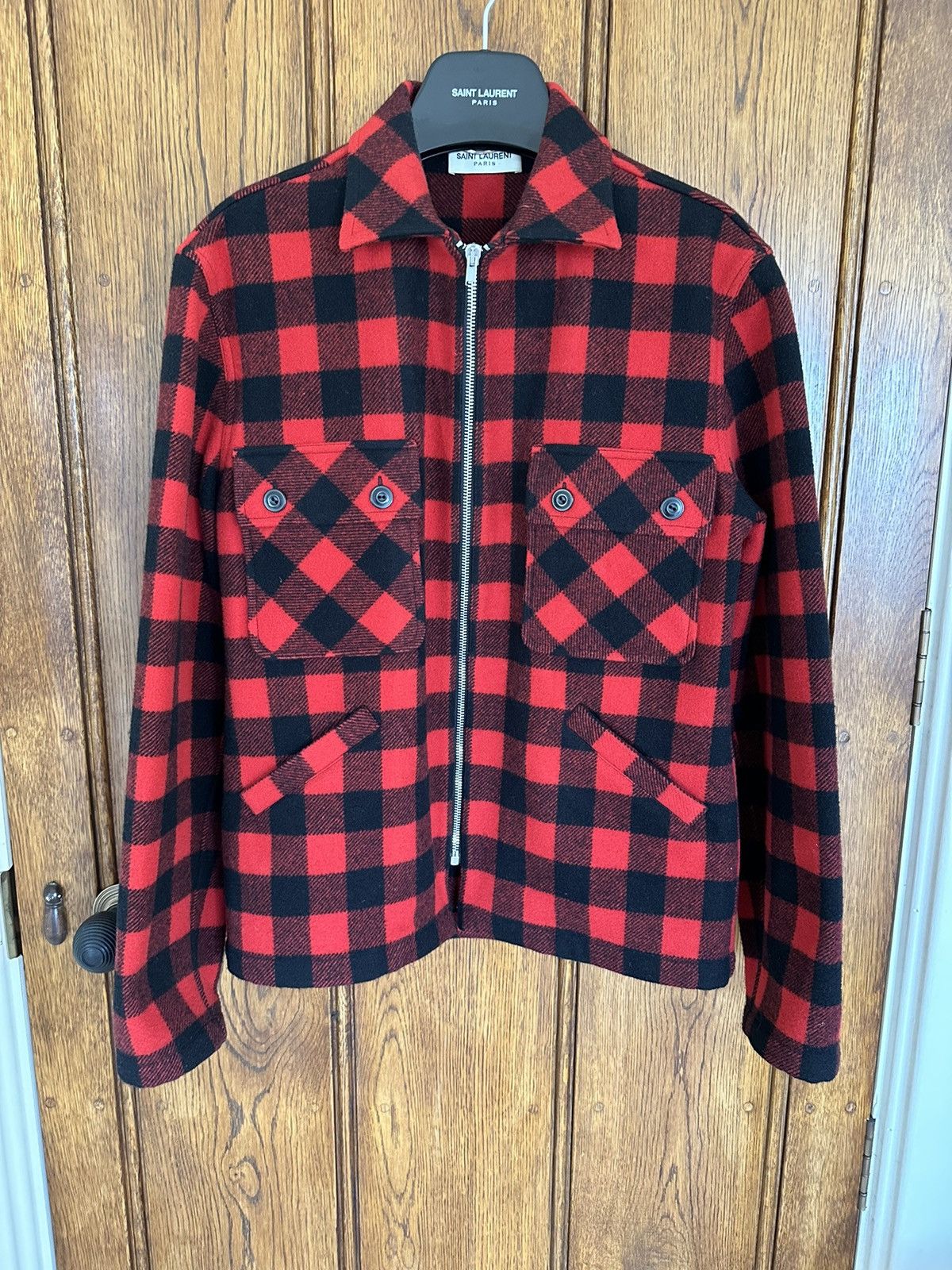 image of Saint Laurent Paris Fw15 Saint Laurent Wool Red Black Flannel Jacket Hedi, Men's (Size Small)