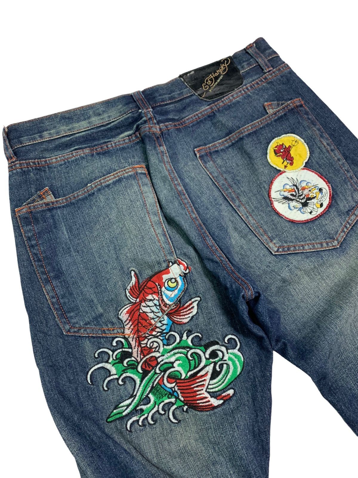Christian Audigier Vintage Ed Hardy Embroidery Fish Koi &Skull ☠️ Patches Size US 35 - 4 Thumbnail