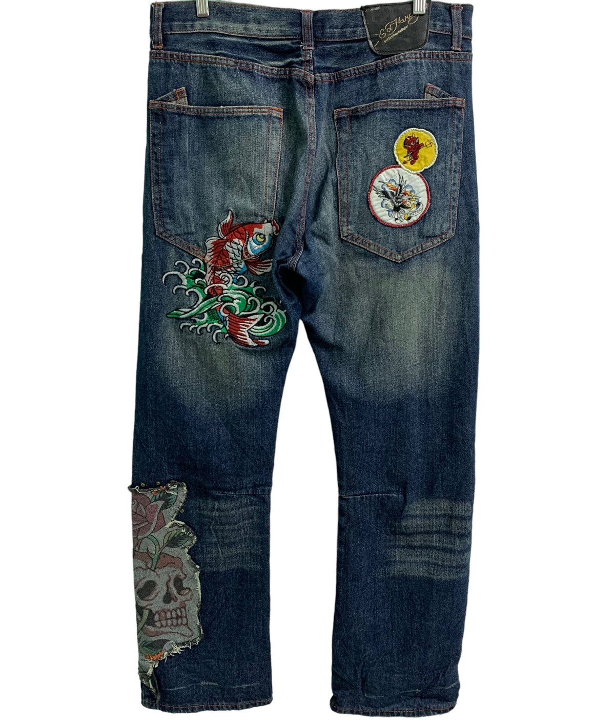 Christian Audigier Vintage Ed Hardy Embroidery Fish Koi &Skull ☠️ Patches Size US 35 - 11 Thumbnail