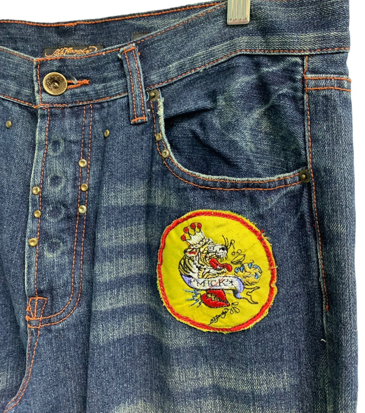 Christian Audigier Vintage Ed Hardy Embroidery Fish Koi &Skull ☠️ Patches Size US 35 - 12 Thumbnail
