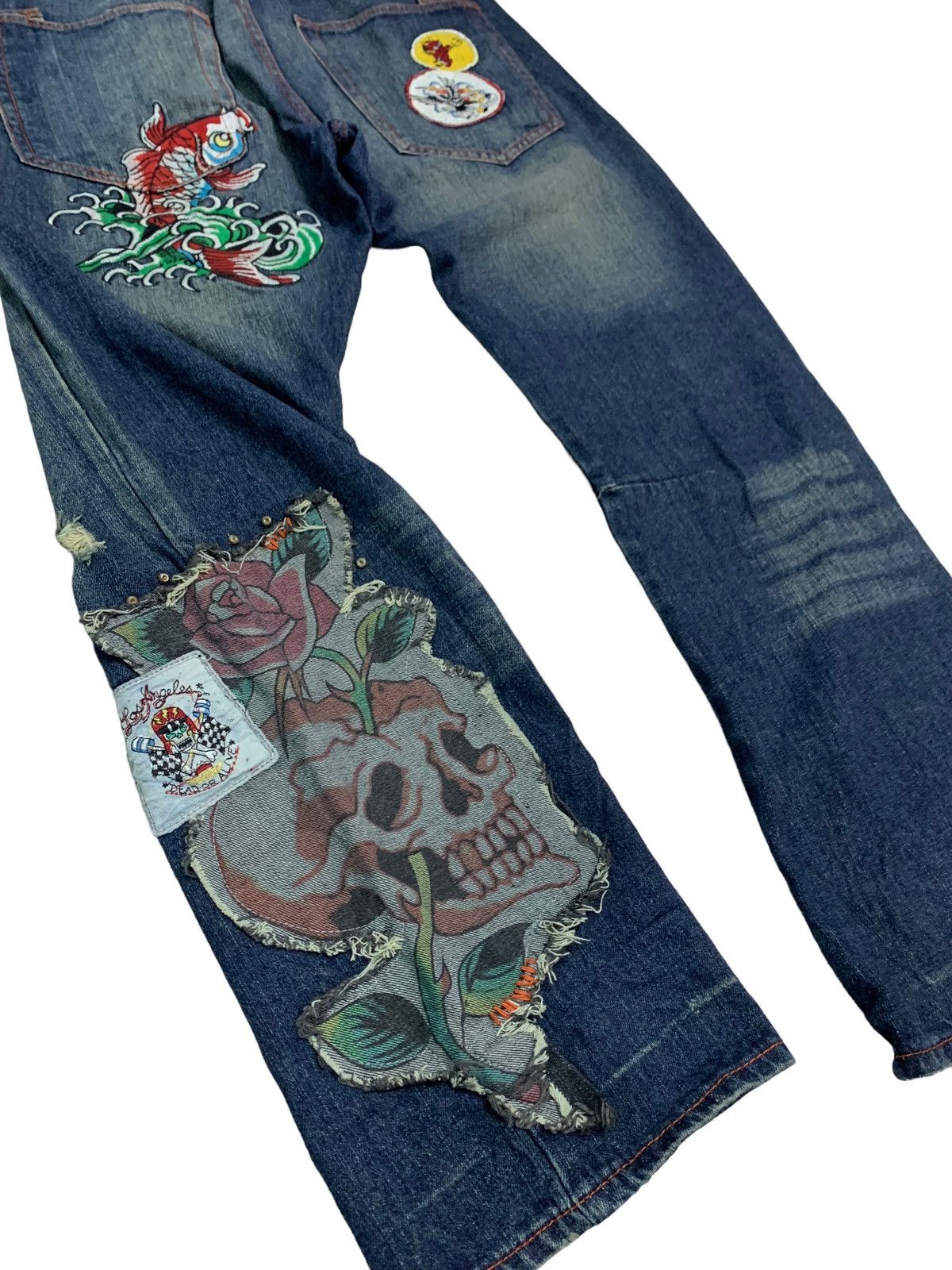 Christian Audigier Vintage Ed Hardy Embroidery Fish Koi &Skull ☠️ Patches Size US 35 - 6 Thumbnail