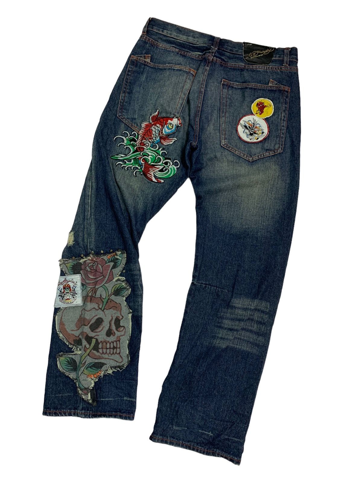 Christian Audigier Vintage Ed Hardy Embroidery Fish Koi &Skull ☠️ Patches Size US 35 - 3 Thumbnail