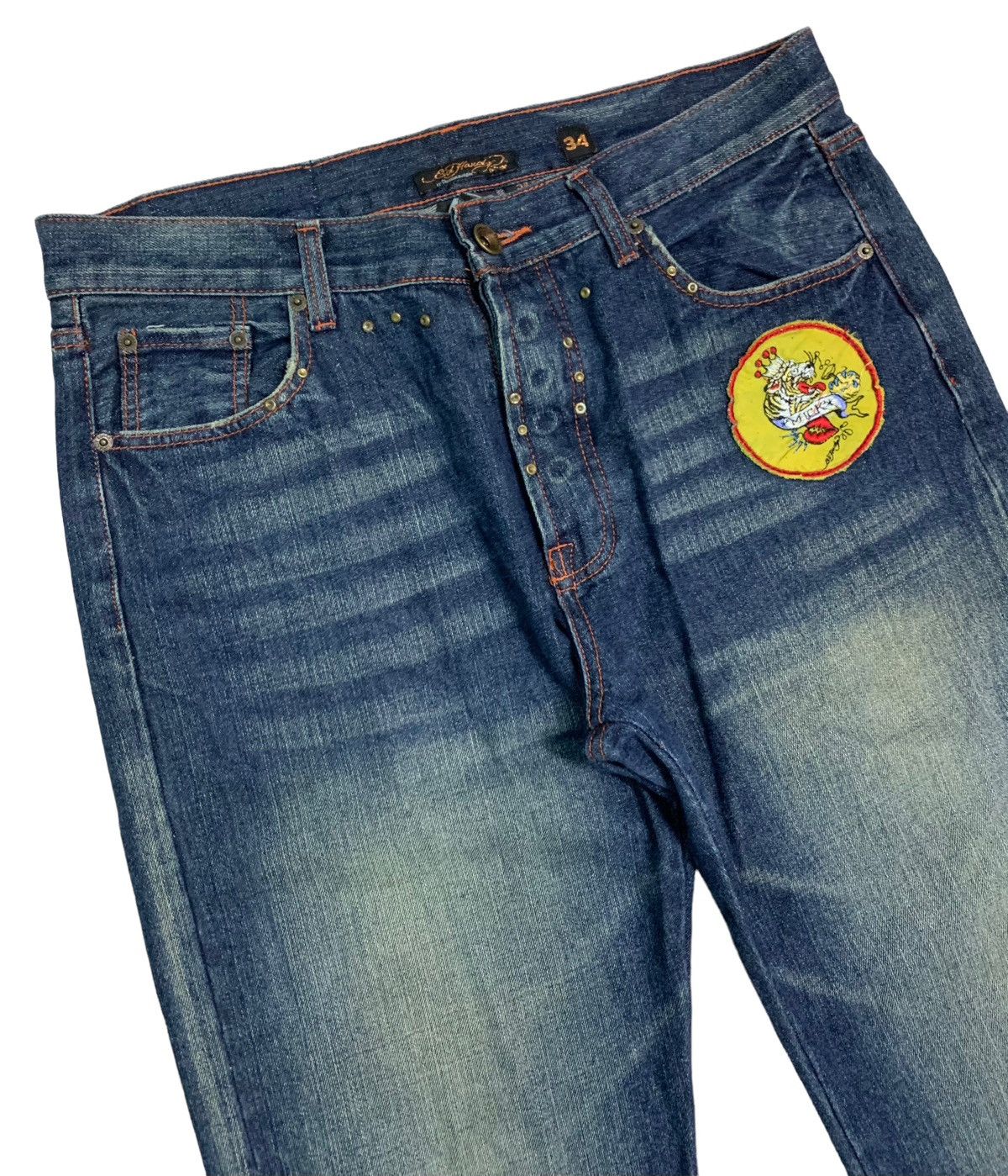 Christian Audigier Vintage Ed Hardy Embroidery Fish Koi &Skull ☠️ Patches Size US 35 - 7 Thumbnail