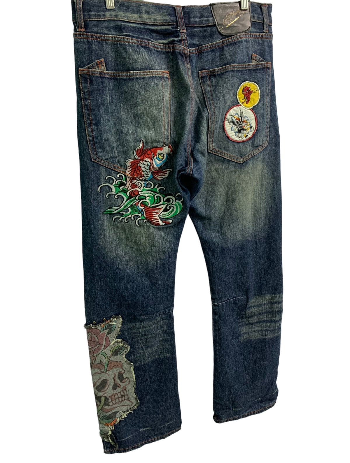 Christian Audigier Vintage Ed Hardy Embroidery Fish Koi &Skull ☠️ Patches Size US 35 - 10 Thumbnail