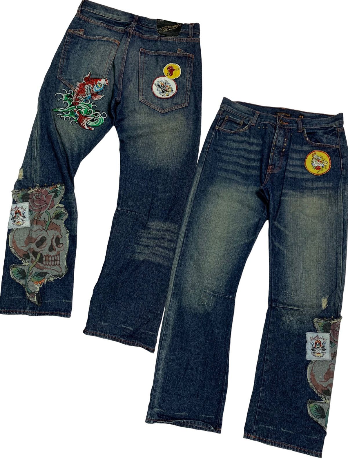 Christian Audigier Vintage Ed Hardy Embroidery Fish Koi &Skull ☠️ Patches Size US 35 - 1 Thumbnail