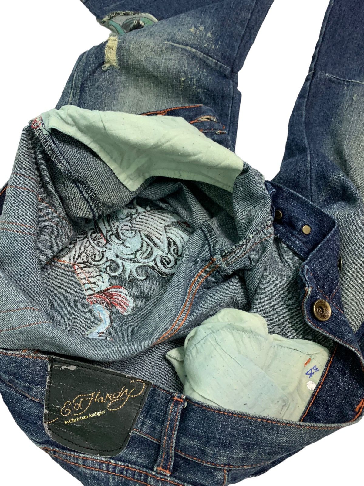 Christian Audigier Vintage Ed Hardy Embroidery Fish Koi &Skull ☠️ Patches Size US 35 - 9 Thumbnail