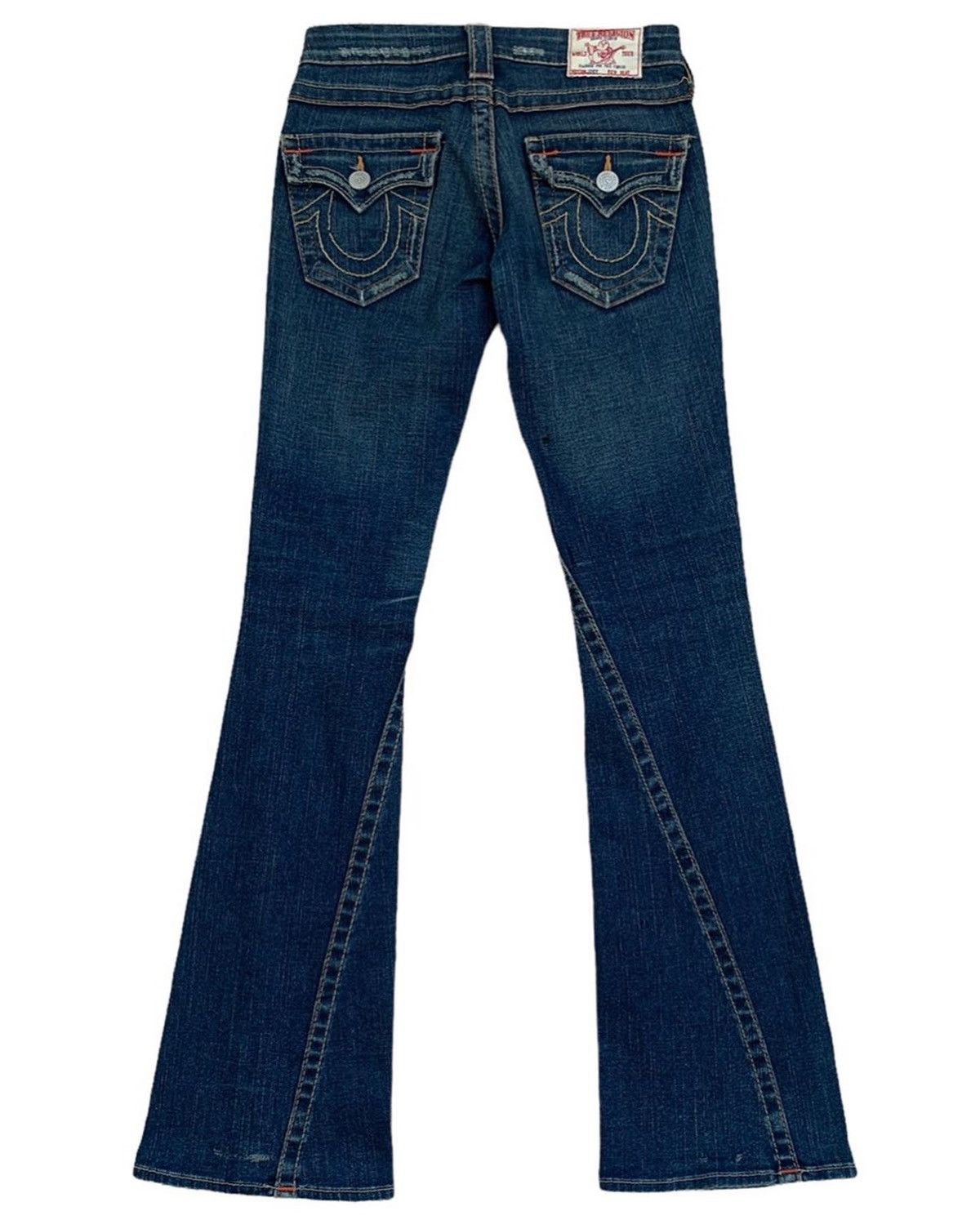 image of Early 00’S True Religion Flared Leg Low-Rise Jeans in Blue, Women's (Size 28)