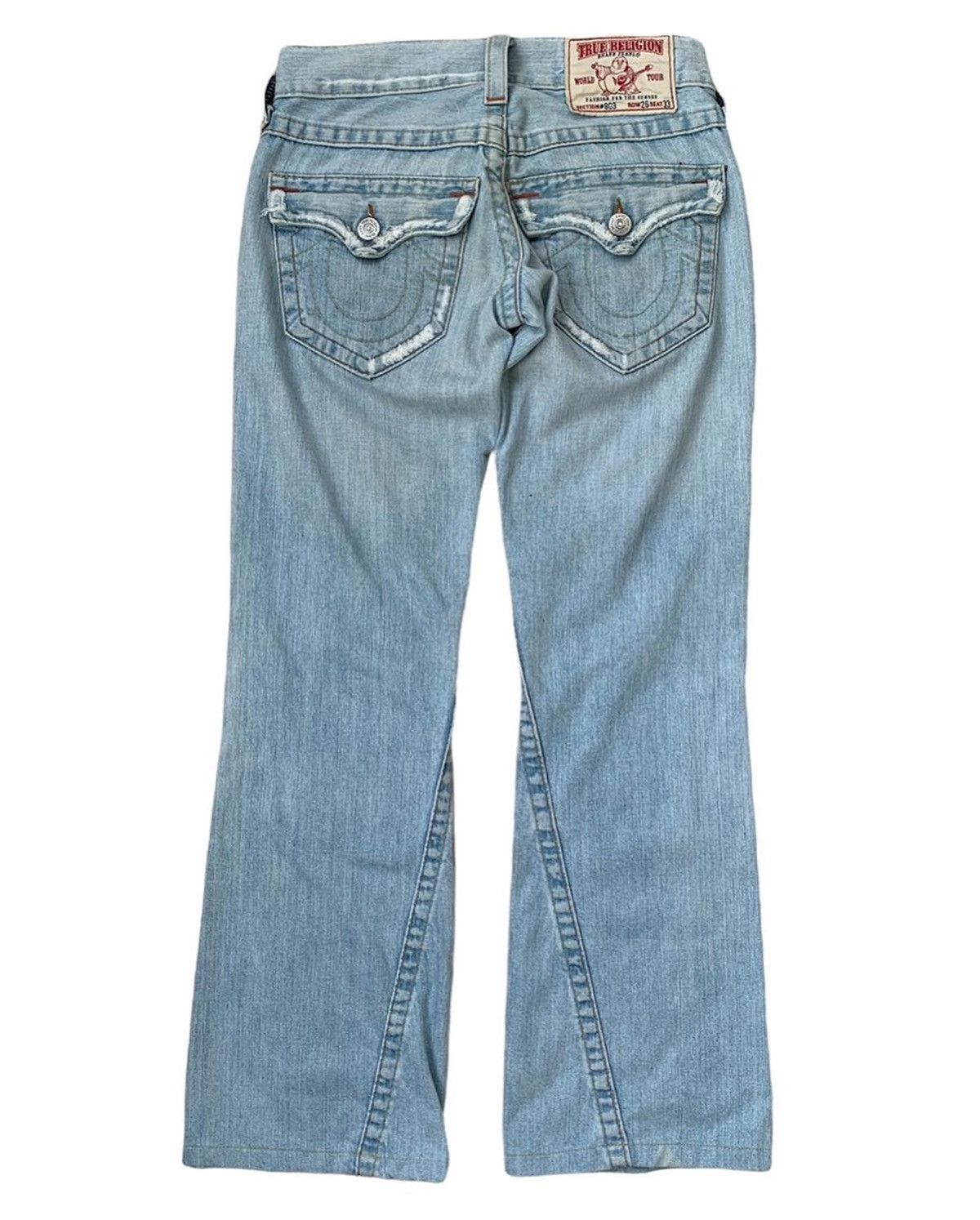 image of Early 00’S True Religion Flared Leg Low-Rise Jeans in Blue, Women's (Size 31)