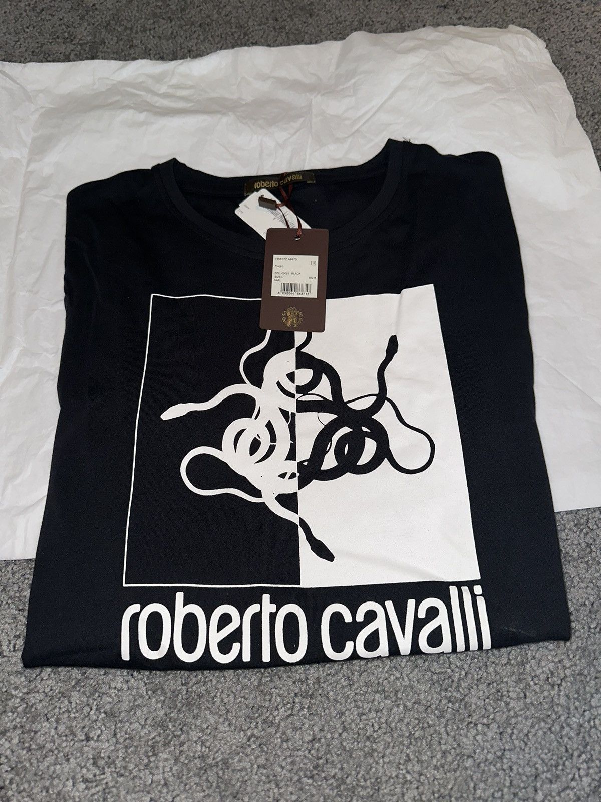 Roberto Cavalli Men’s RC Logo Graphic Black outlet Tee/Sz:L/NWT