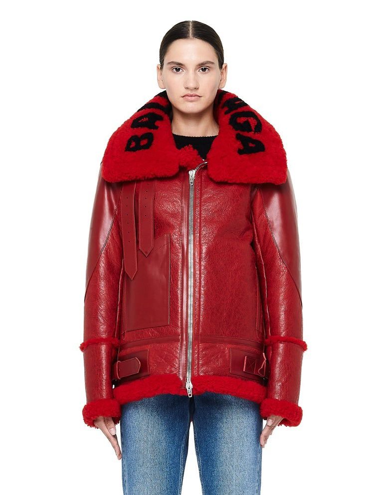 image of Balenciaga Bombardier Cocoon Shearling & Leather Jacket in Red, Women's (Size Small)