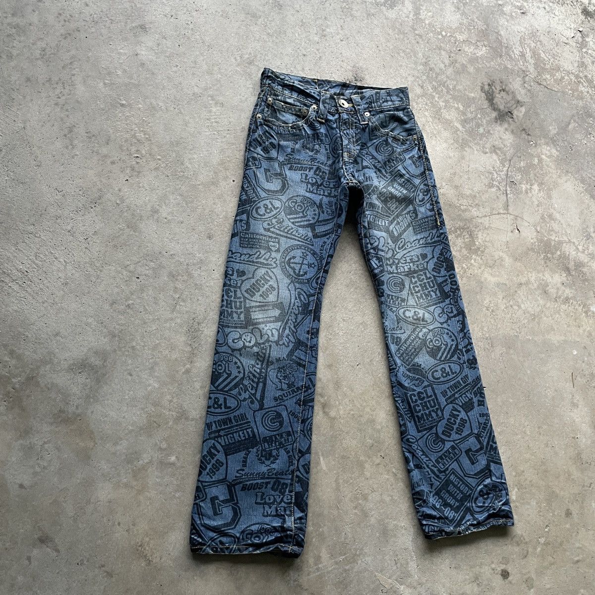 Japanese Brand Vintage Japanese Faded Full Print Denim Jeans Pants W27x29.5 Size US 27 - 2 Thumbnail