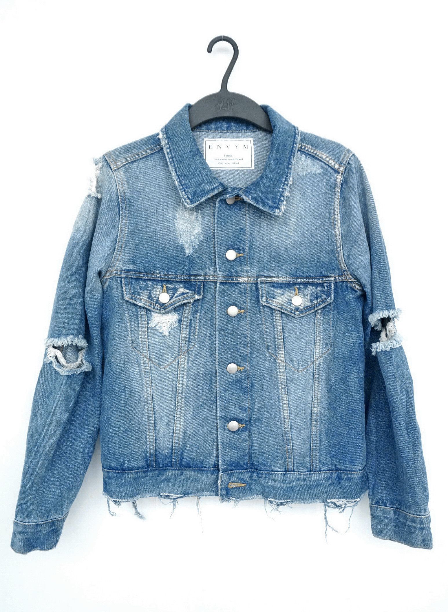 image of Distressed Denim Envym Ripped Distressed Women Denim Jacket in Denim Blue (Size Small)