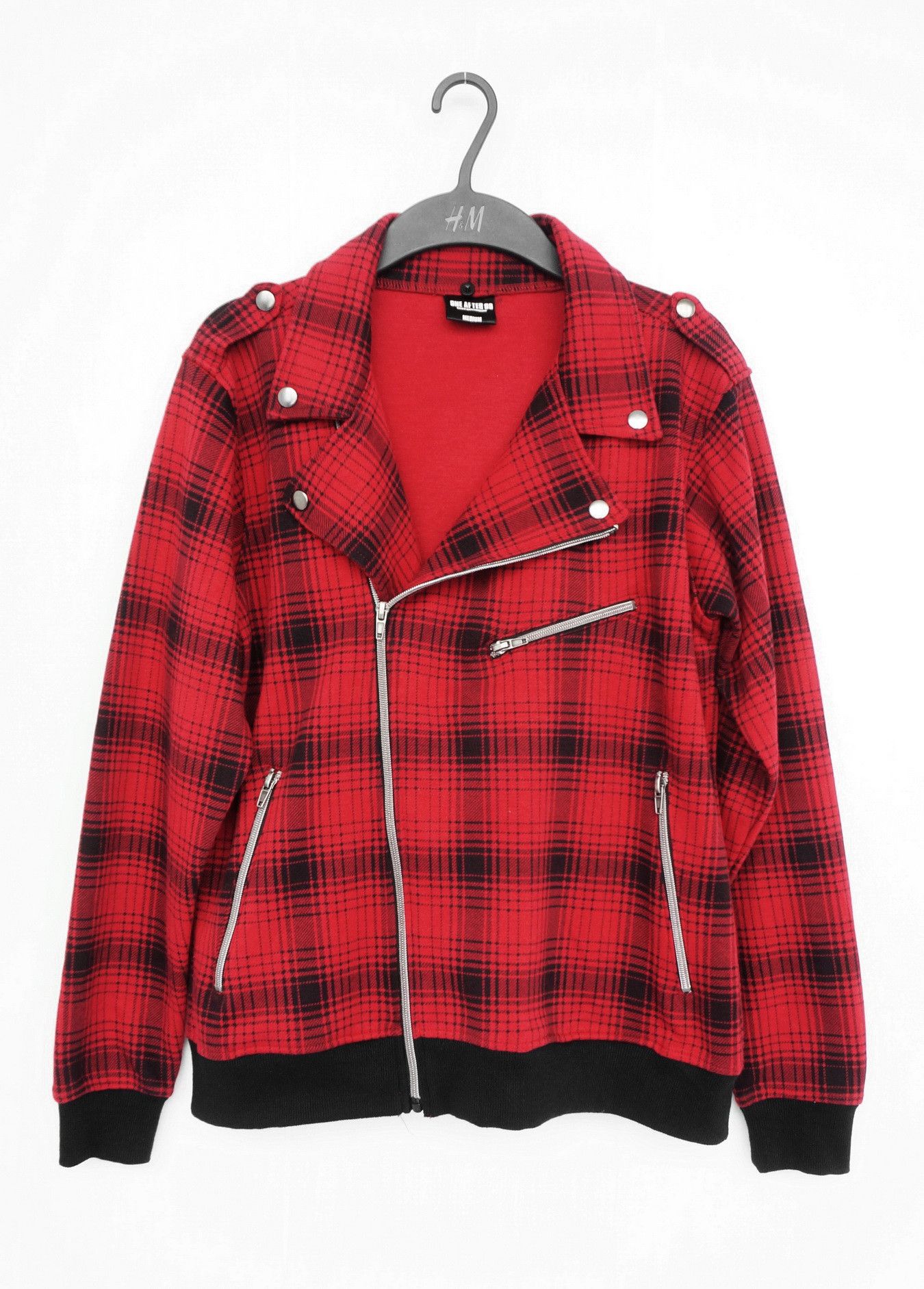 image of Seditionaries One After 99 Punk Shadow Plaid Tartan Slanted Zipper Jacket in Red Tartan (Size Small