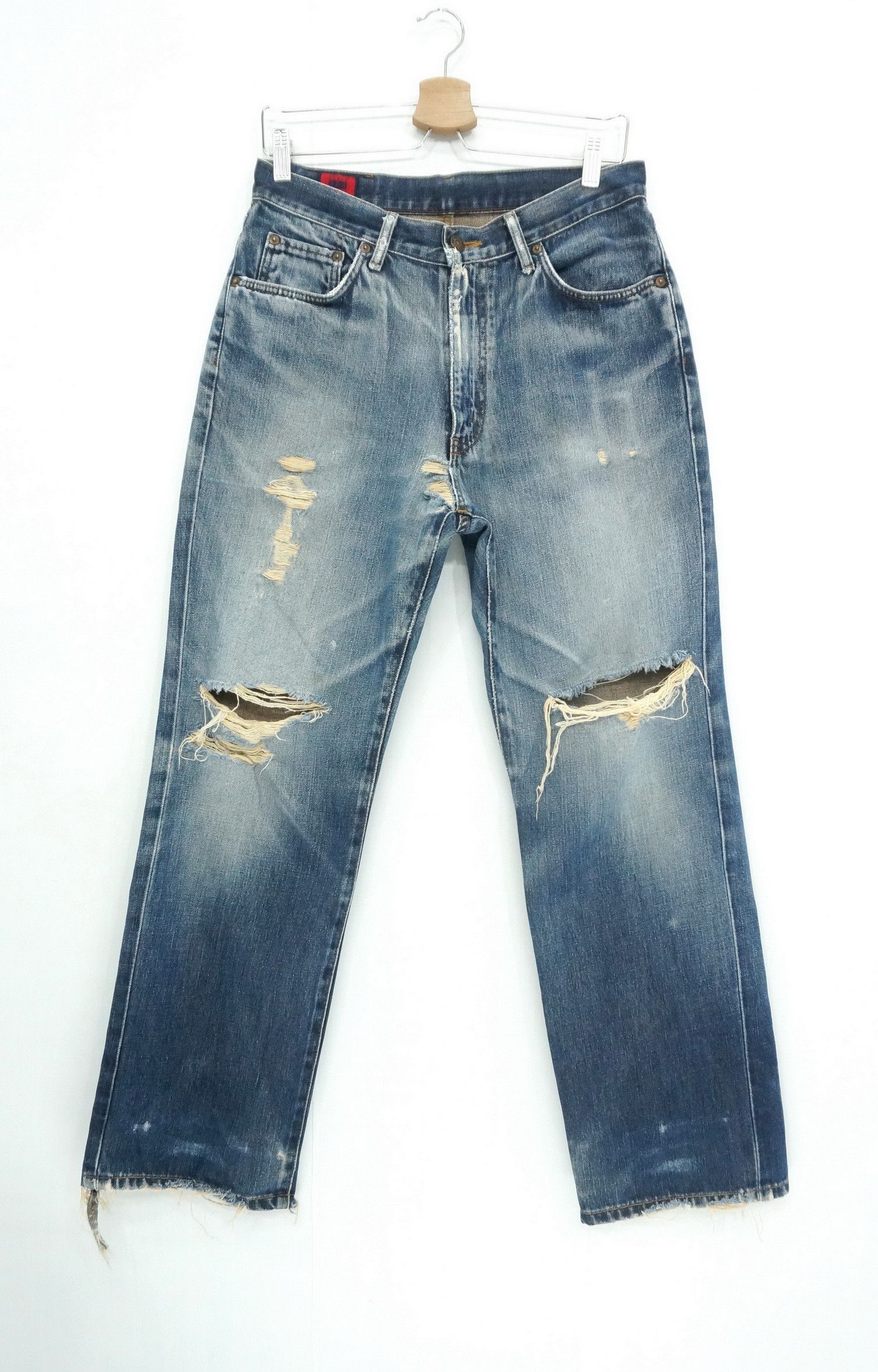 Image of Distressed Denim x Edwin 503 Vintage 90's Thrashed Distressed Wornout Jeans in Blue Denim (Size 30)