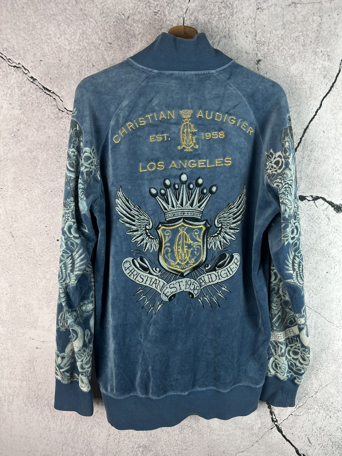 image of Christian Audigier x Vintage Christian Audiger Velvet Tatto Zip Sweatshirt in Blue (Size Large)