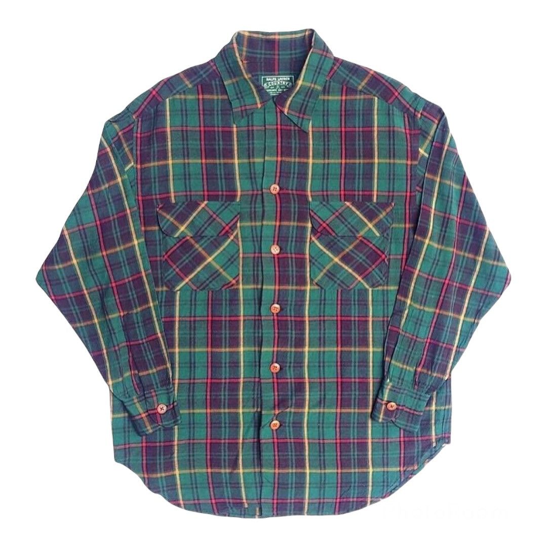 image of Polo Ralph Lauren x Ralph Lauren Vintage Rayon Shirt Ralph Laurent Country in Green Tartan (Size La