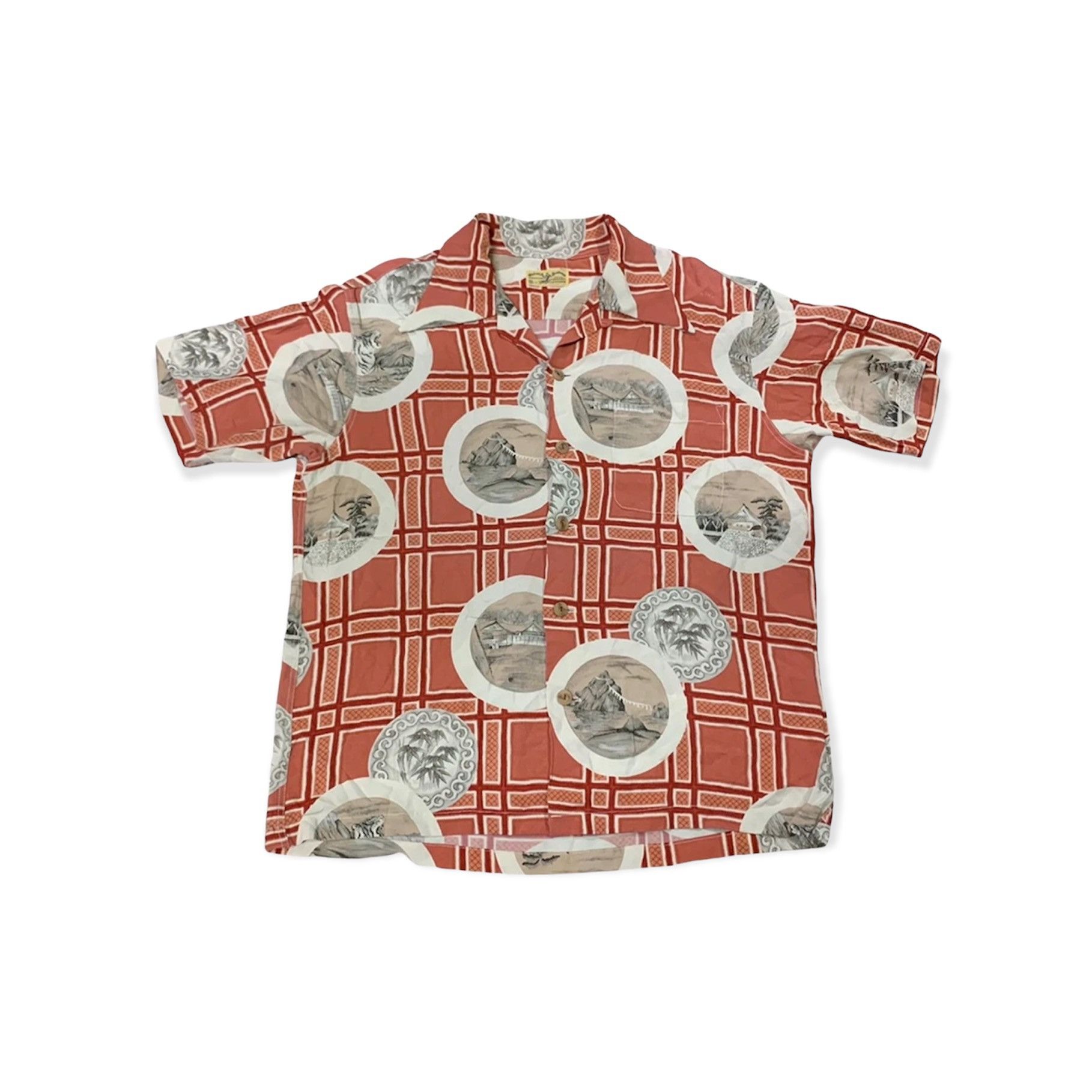 image of Vintage Wind And Sea Sportswear By Sun Surf Crepe Rayon in Soft Reds, Men's (Size Small)