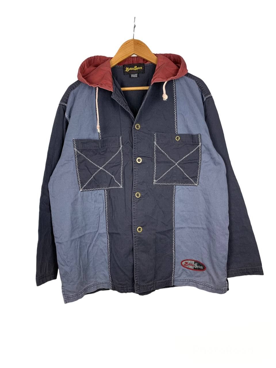 image of Zefuzo Vintage Patchwork Baggy Colorblock Hooded Shirt, Men's (Size Medium)